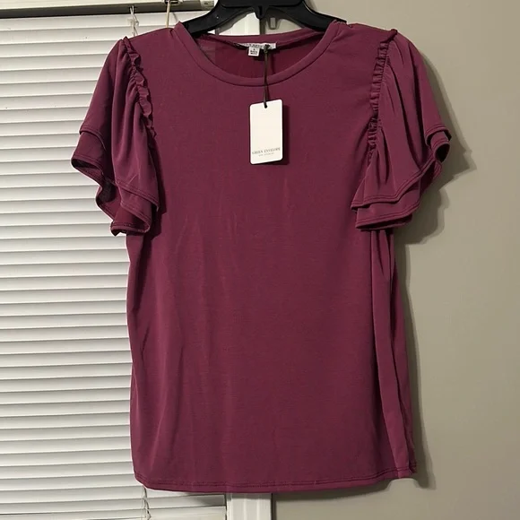 Green Envelope Red Flutter Sleeve Ruffled Blouse - Picture 1 of 2